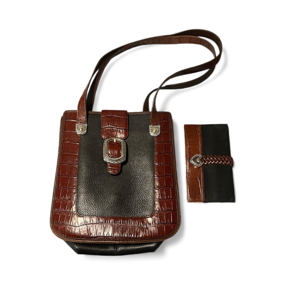 Brighton Black Pebbled Brown Croc Leather Shoulder Bag, matching wallet. 💅
